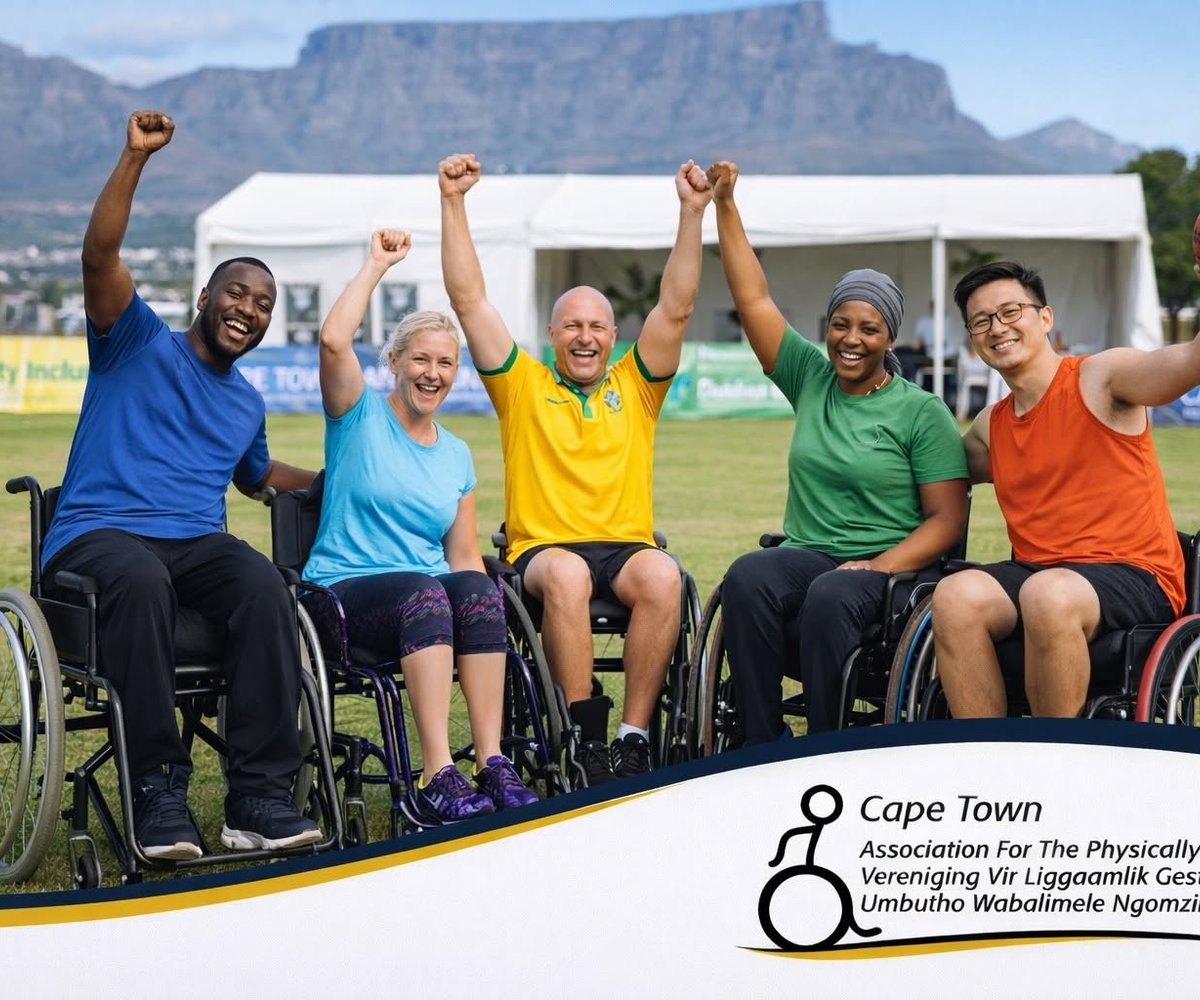 Cape Town APD members celebrating together, several using wheelchairs