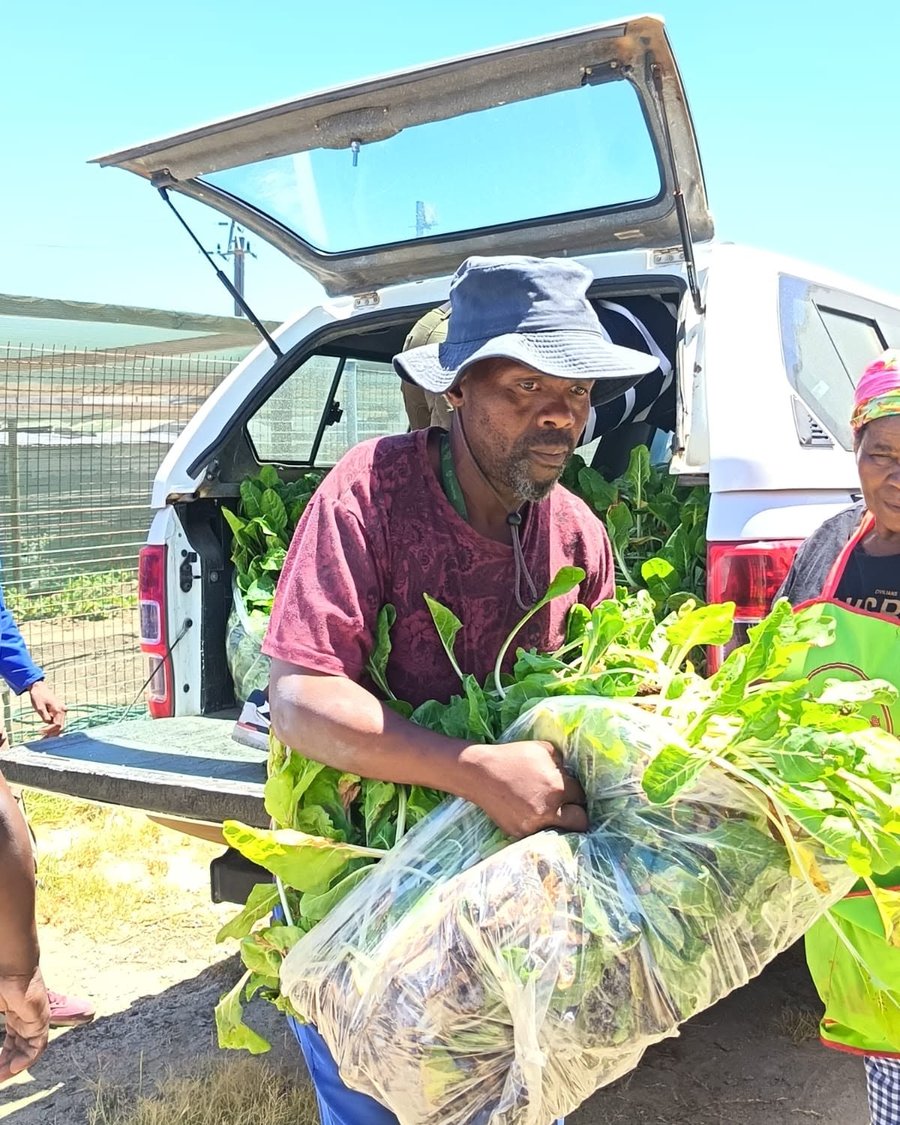 A member holding fresh produce grown at the Du Noon garden